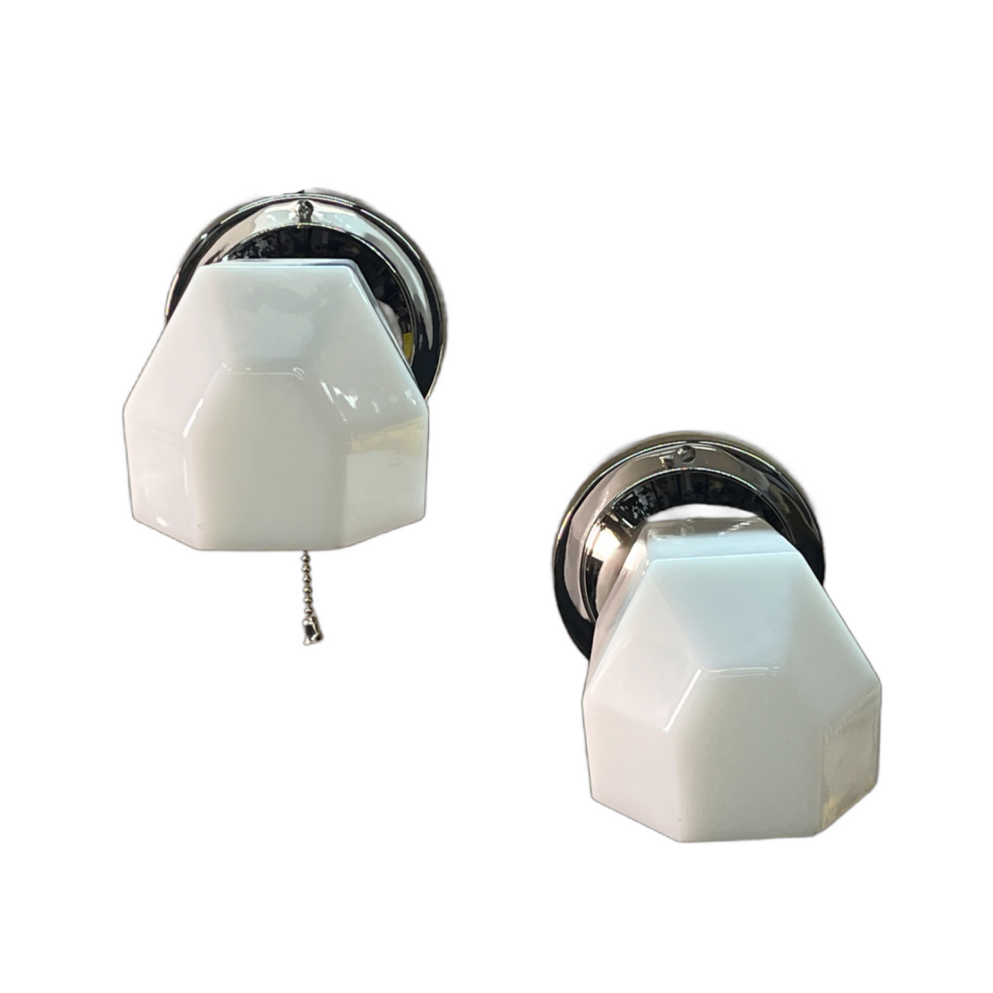 Pair Pullchain Art Deco Bath Sconces with Faceted Milk Glass Shades #2522