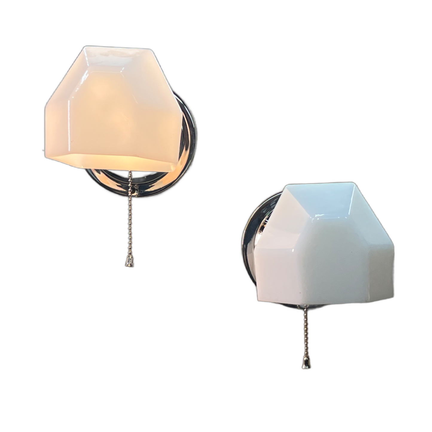 Pair Pullchain Art Deco Bath Sconces with Faceted Milk Glass Shades #2522