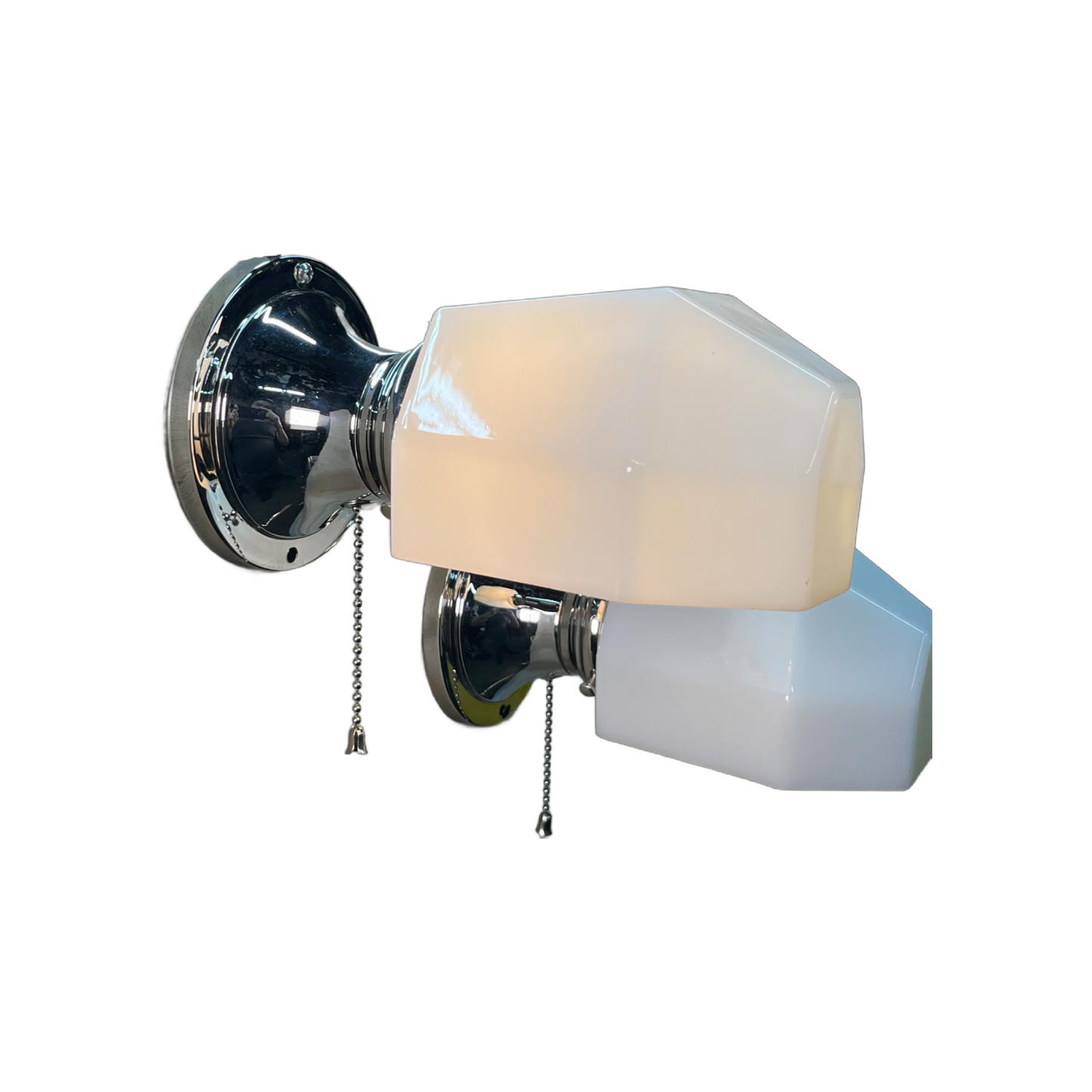 Pair Pullchain Art Deco Bath Sconces with Faceted Milk Glass Shades #2522