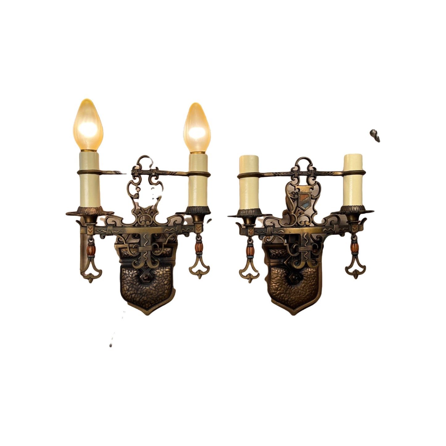 Single Cast Bronze Spanish Revival Two  Light Wall Sconces with Original Finish #2362