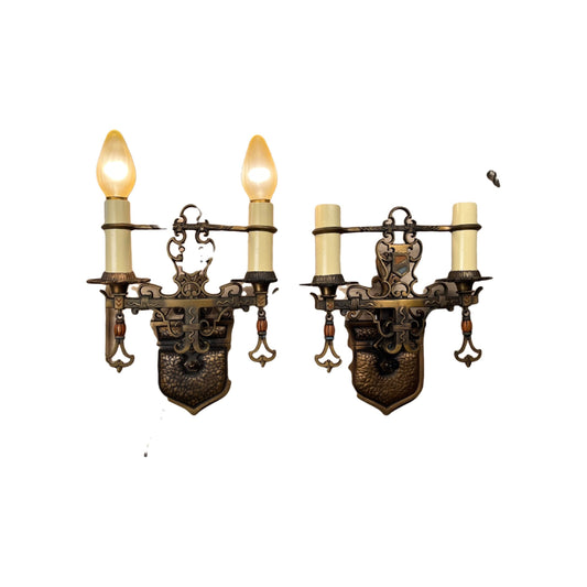 Single Cast Bronze Spanish Revival Two  Light Wall Sconces with Original Finish #2362