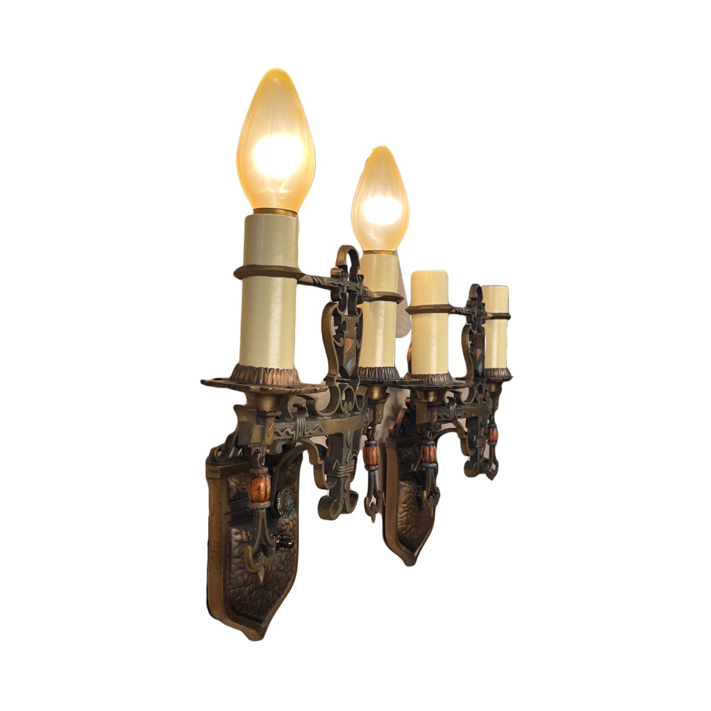 Single Cast Bronze Spanish Revival Two  Light Wall Sconces with Original Finish #2362