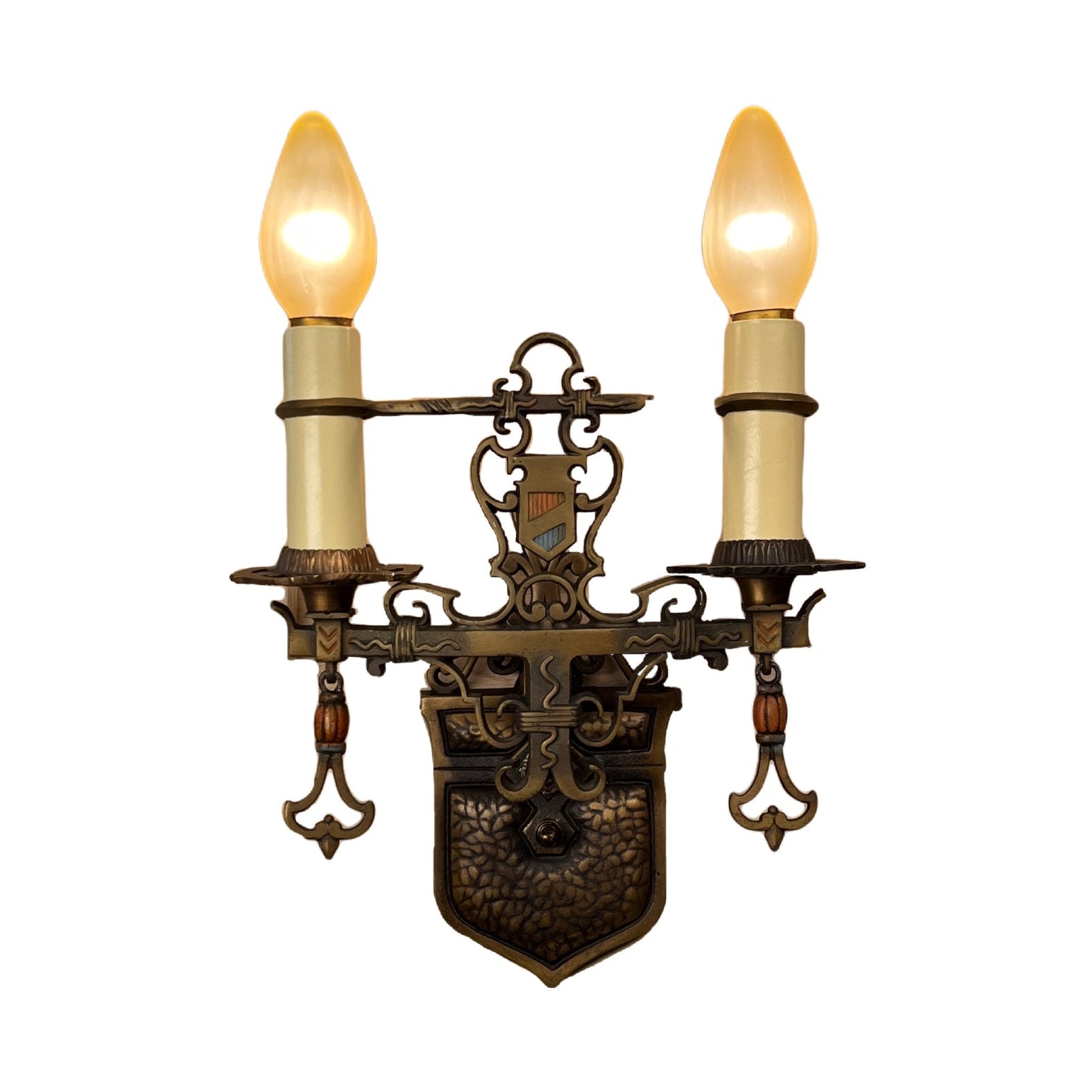 Single Cast Bronze Spanish Revival Two  Light Wall Sconces with Original Finish #2362