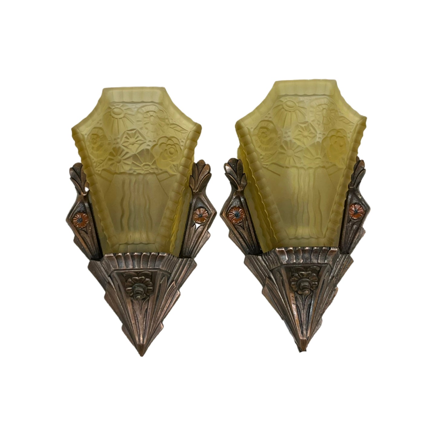 Pair JC Virden Wall Sconces with Amber Shades #2336