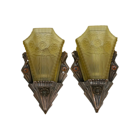Pair JC Virden Wall Sconces with Amber Shades #2336