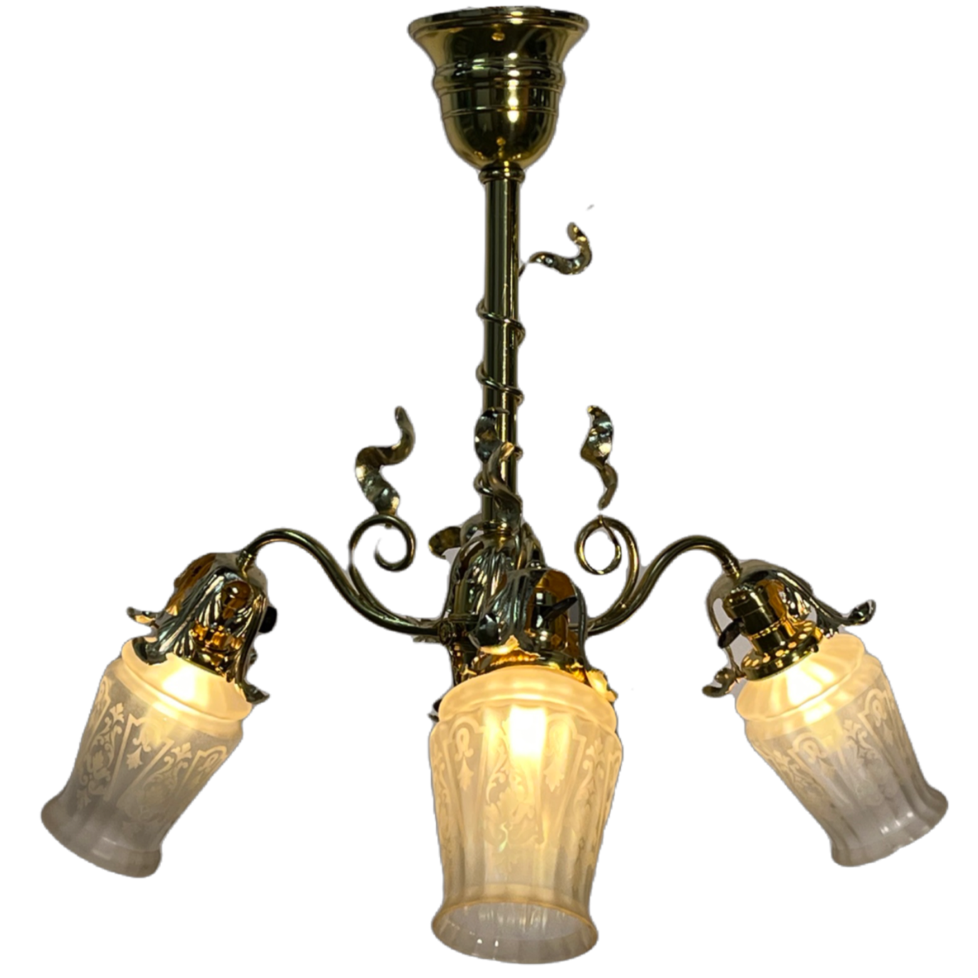 RESTORED Art Nouveau Three Light with Etched Shades, ca. 1900 #2507