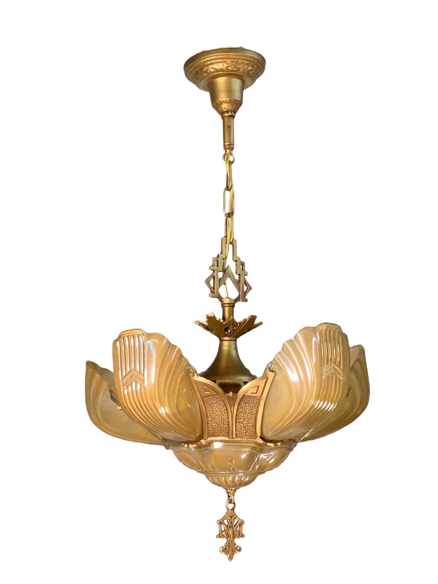 RESTORED Art Deco Markel Chevron 6 Light Slip Shade Chandelier #2544