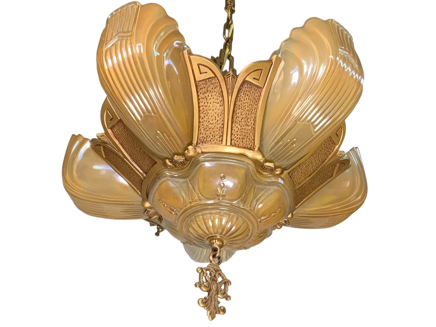 RESTORED Art Deco Markel Chevron 6 Light Slip Shade Chandelier #2544