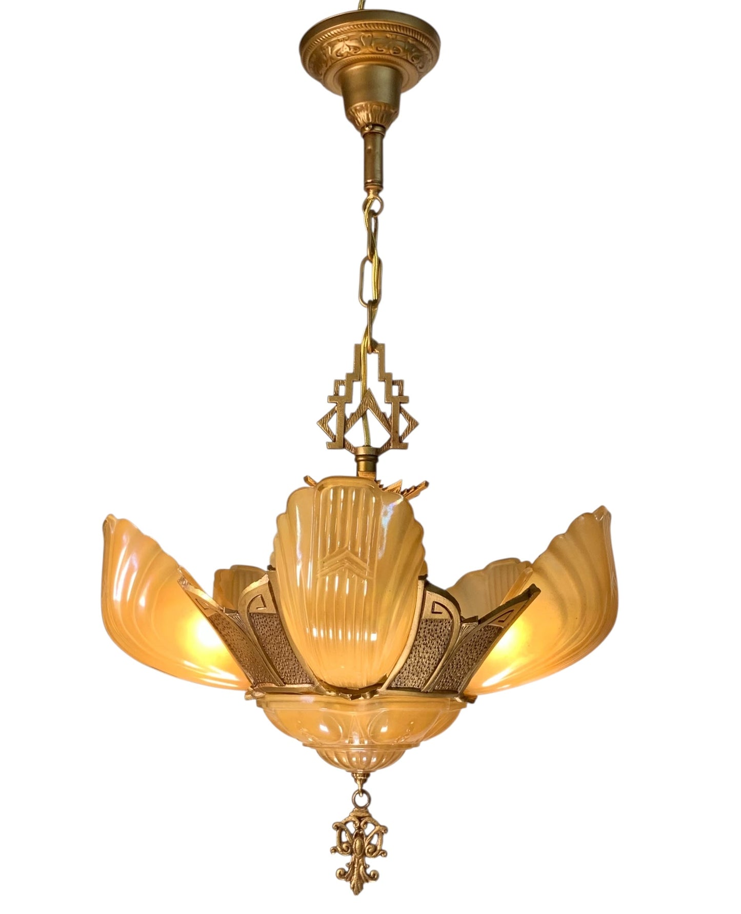 RESTORED Art Deco Markel Chevron 6 Light Slip Shade Chandelier #2544