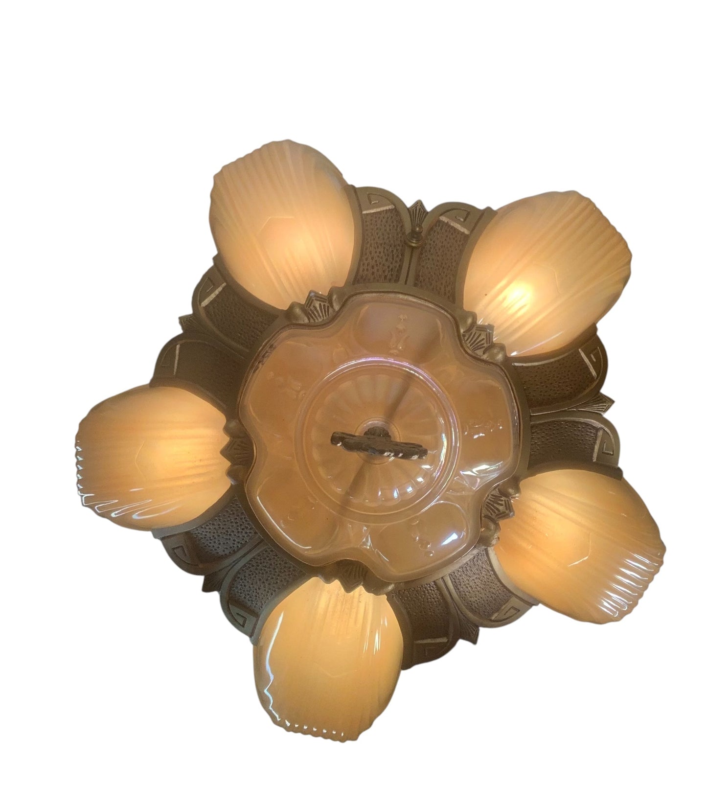 RESTORED Art Deco Markel Chevron 6 Light Slip Shade Chandelier #2544