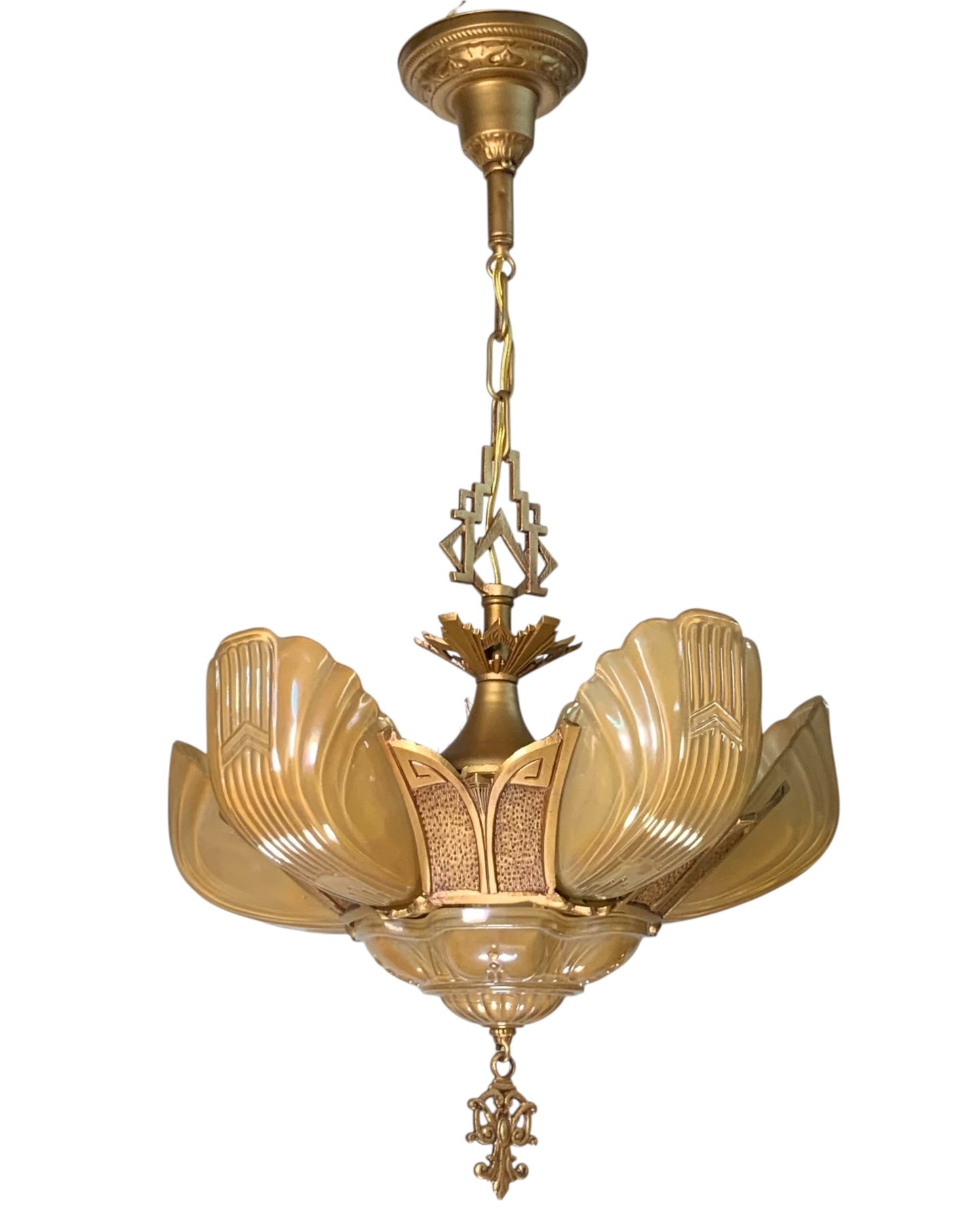 RESTORED Art Deco Markel Chevron 6 Light Slip Shade Chandelier #2544