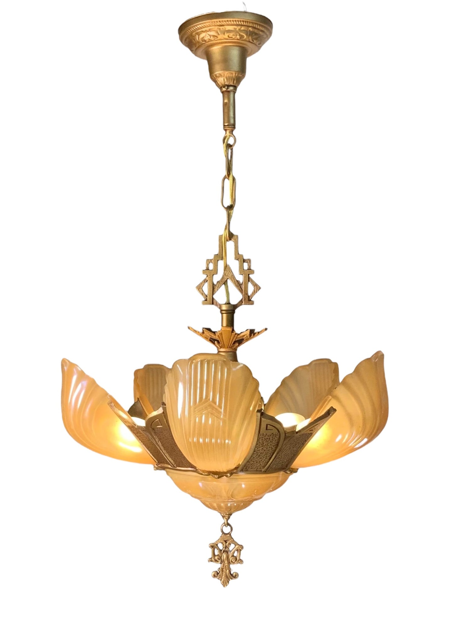 RESTORED Art Deco Markel Chevron 6 Light Slip Shade Chandelier #2544