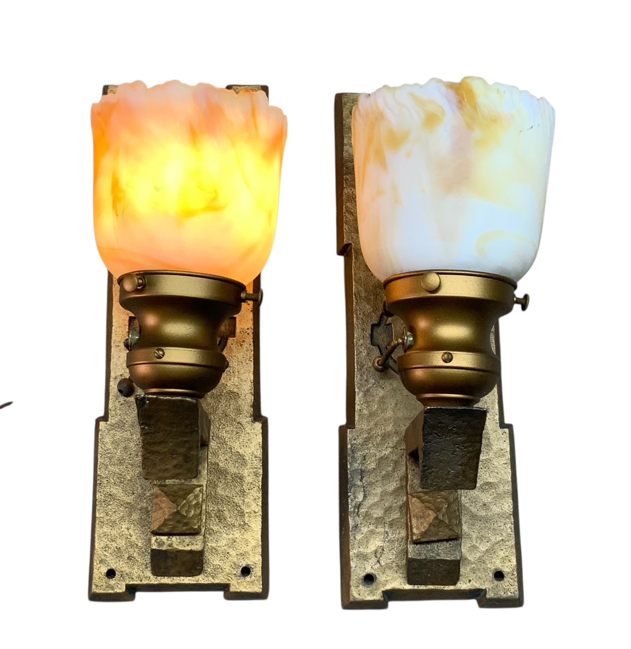 Hammered Arts and Crafts Wall Sconces with Bournique Shades circa 1916 #2512