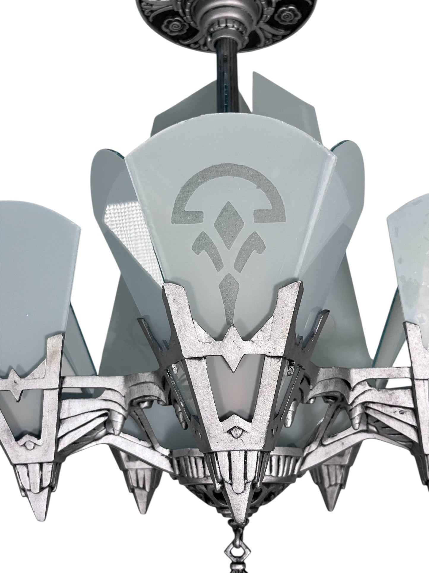 One of TWO Art Deco Chandelier with Flat Panels of Glass for Short Ceilings #2579