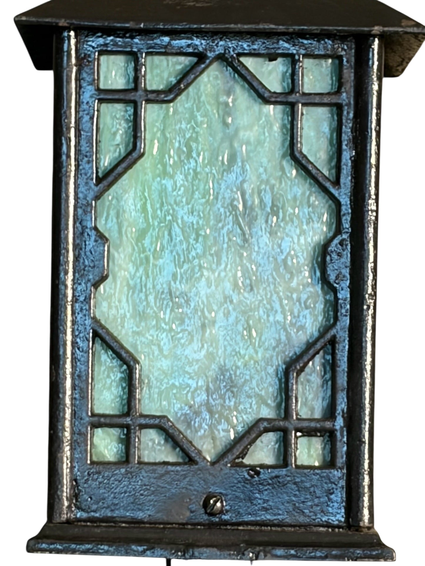 Arts and Crafts Porch Light with Black Enamel Paint and Green Glass #2601