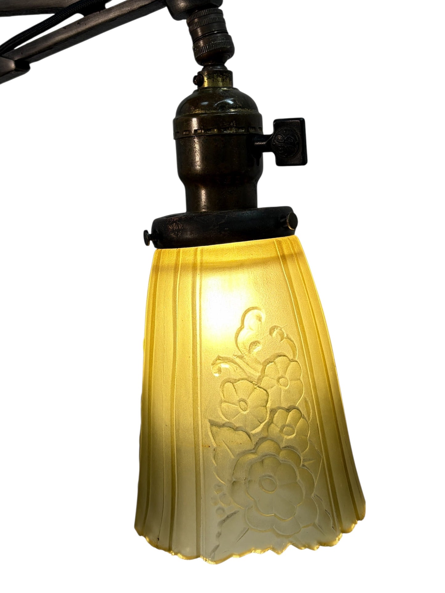 Brass and Cast Iron 1930s Depression Era Floor Lamp with Amber Art Deco Glass Shade #2619