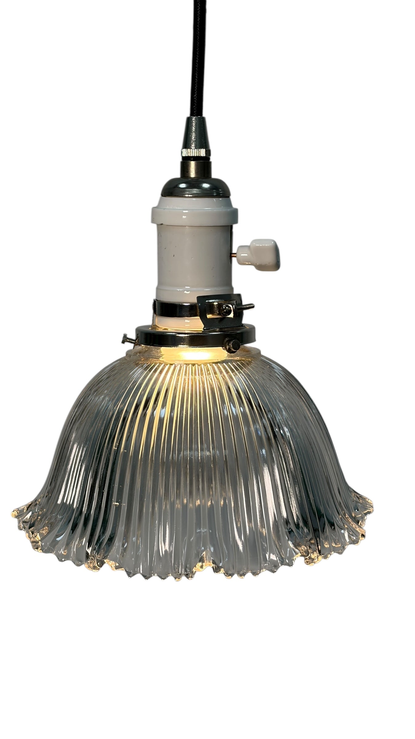 Clear Glass Antique Holophane Pendant Light for Kitchen Islands on New Wire Fixture with Switch and Brushed Brass Canopy #2080