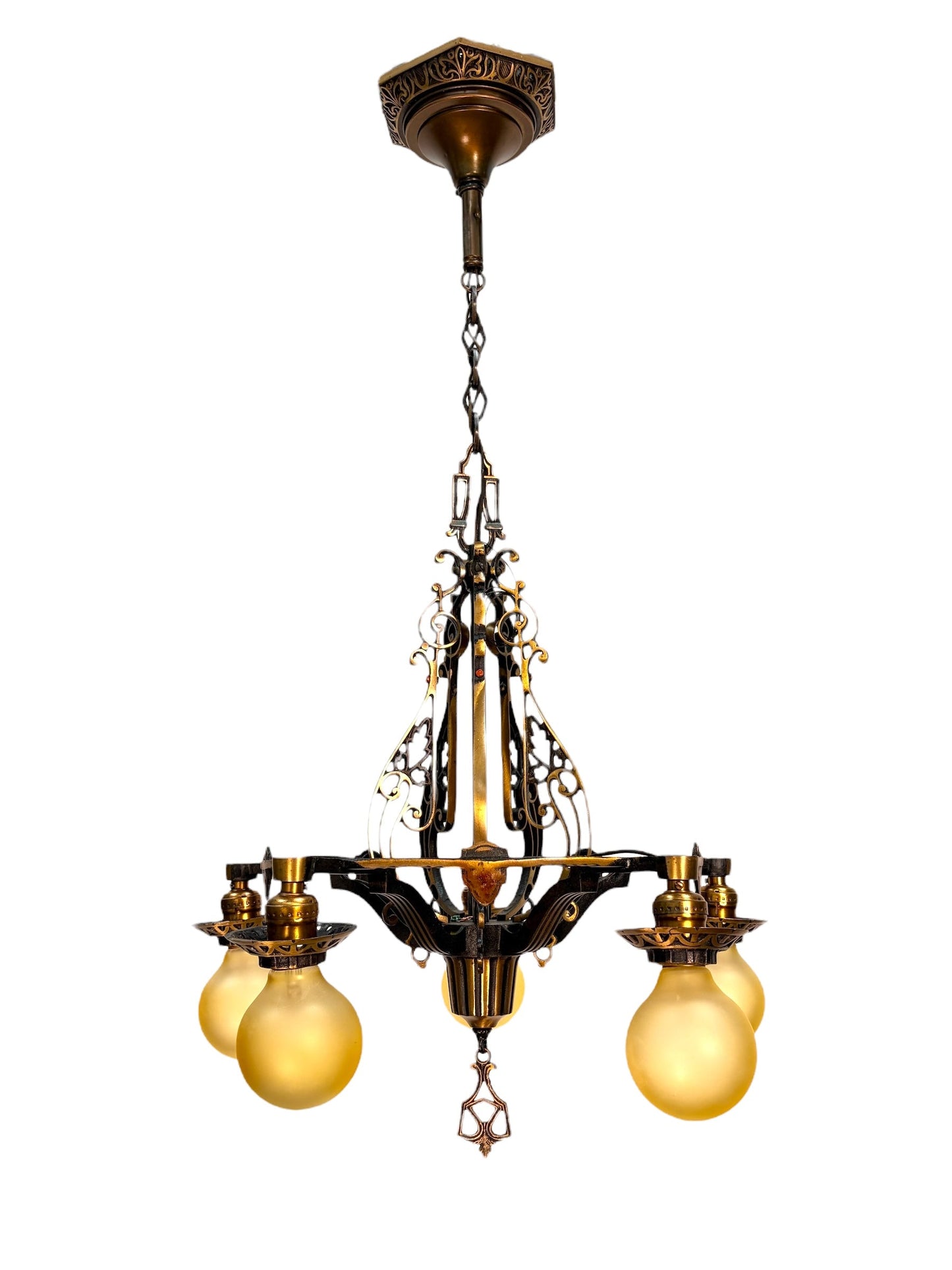 1920s Cast Bronze 5 Light Chandelier in Spectacular Original Condition #2622