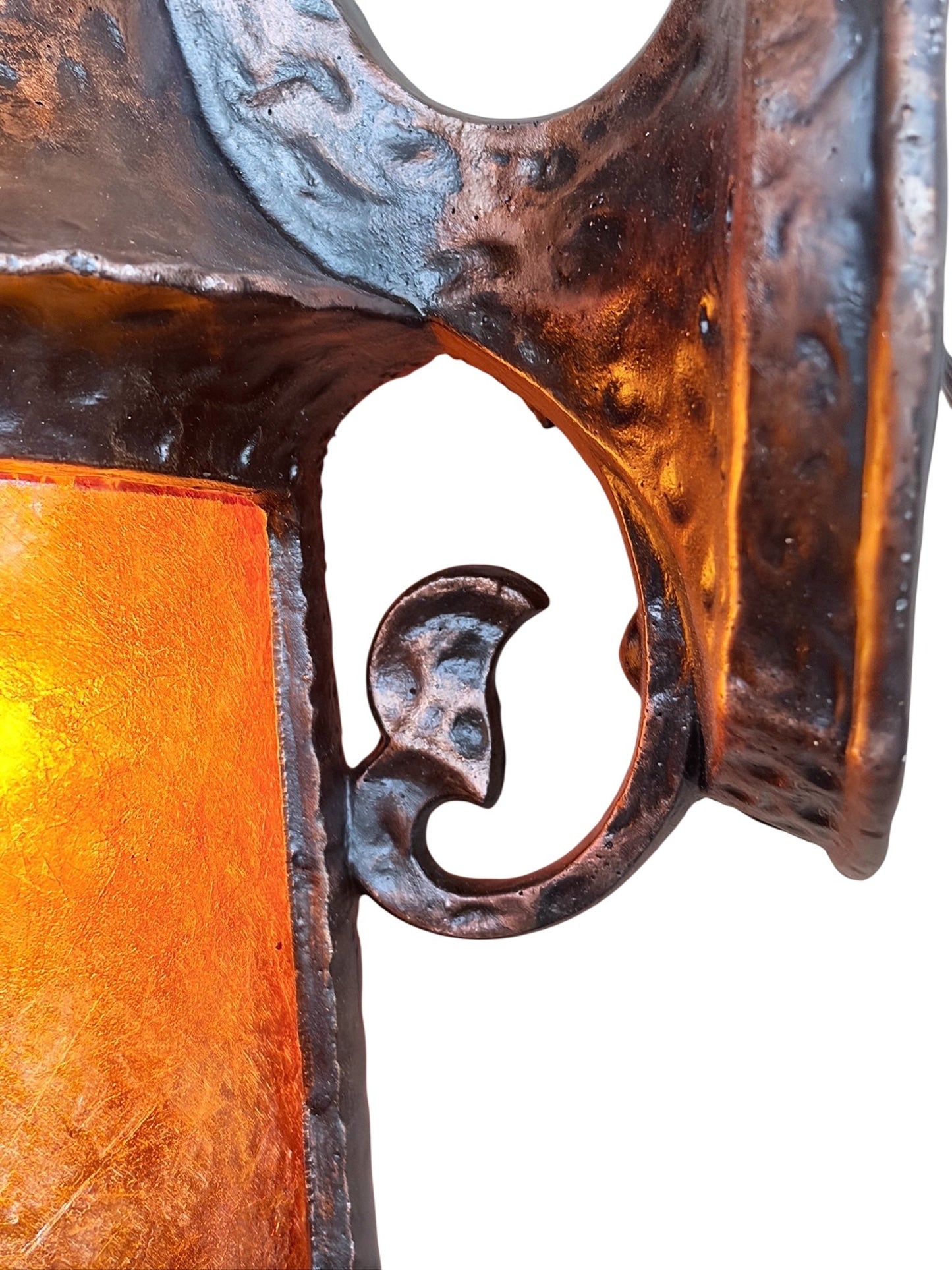 1920s Storybook Outdoor Porch Light in Antique Copper Finish with Orange Mica Shade #2625