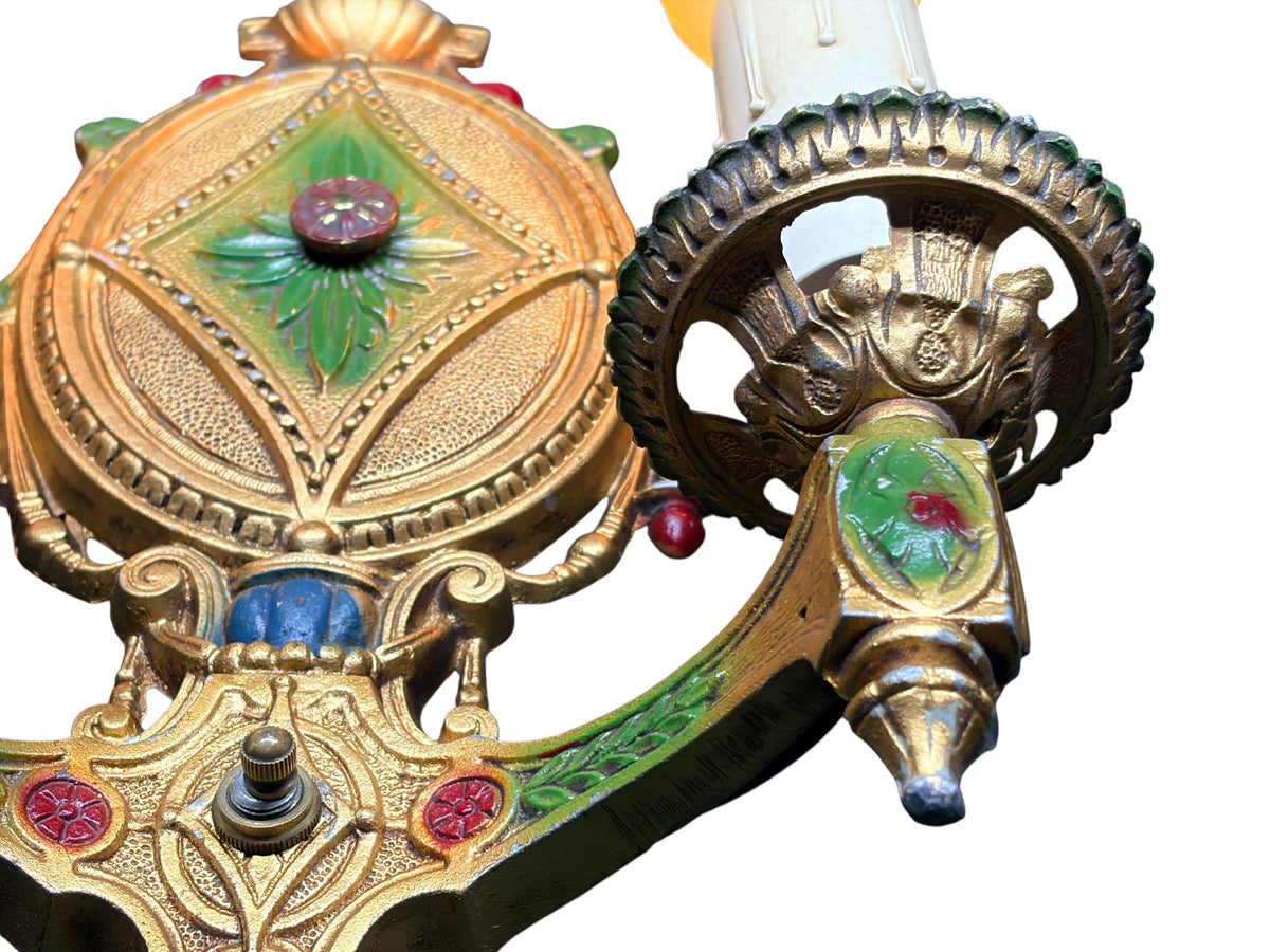 Pair Vintage 1920s Classical Two Light Sconces Original Polychrome Finish New Wiring and Refurbished Candle Sockets #2678