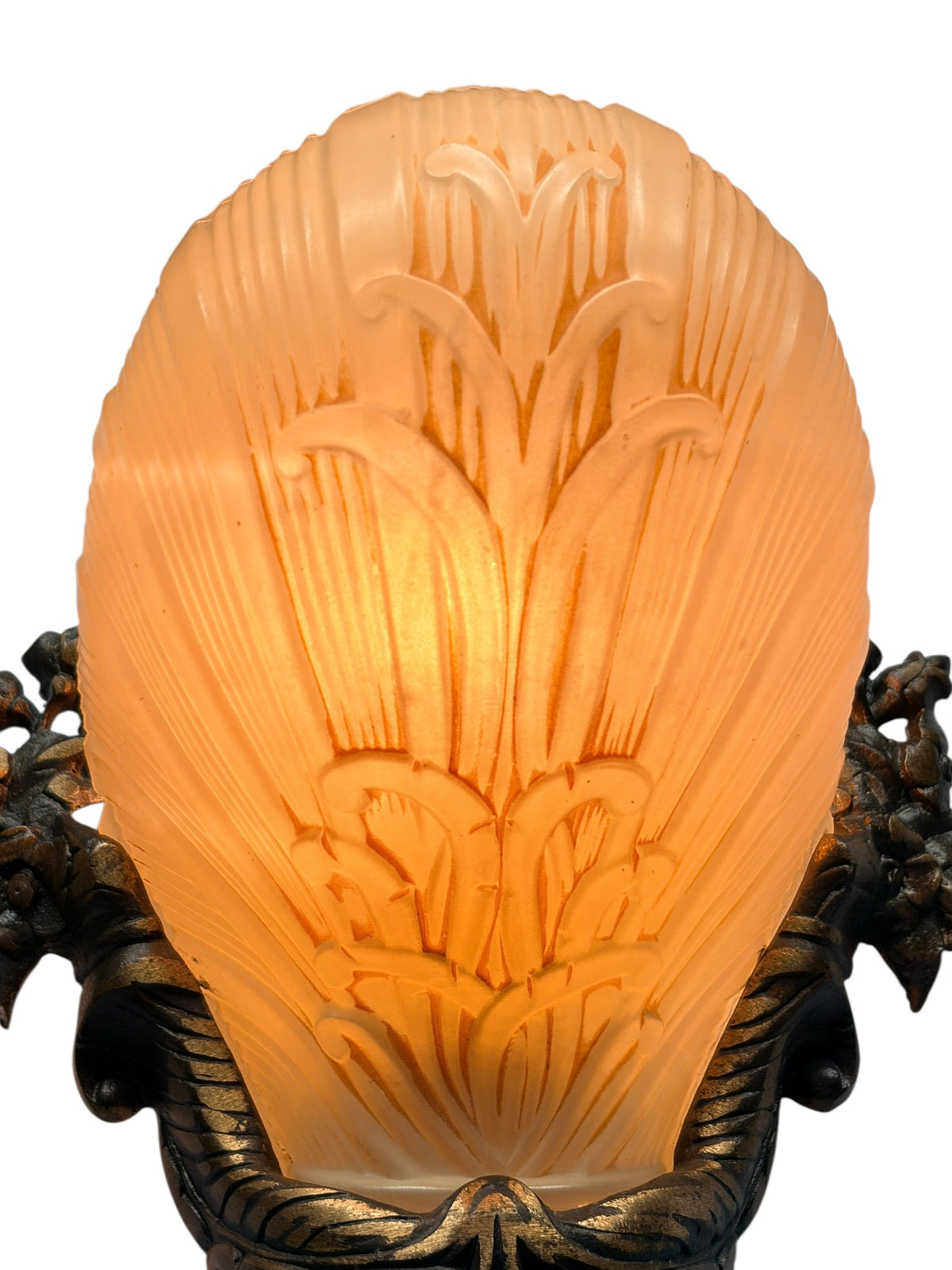Beautiful Cast Bronze 1930s Wall Sconces with Ivory Art Deco Shades Original Finish #2680