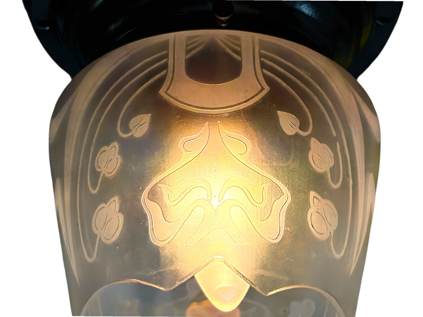 Iridescent Nouveau Shade with Etched Whiplash Art Nouveau Design on Antique Brass Fixture #2644