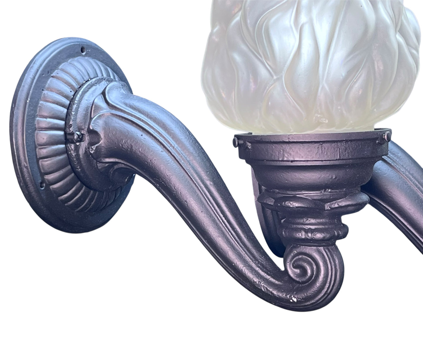 1910s Curved Arm Exterior Sconces with Antique Flame Shades #2552