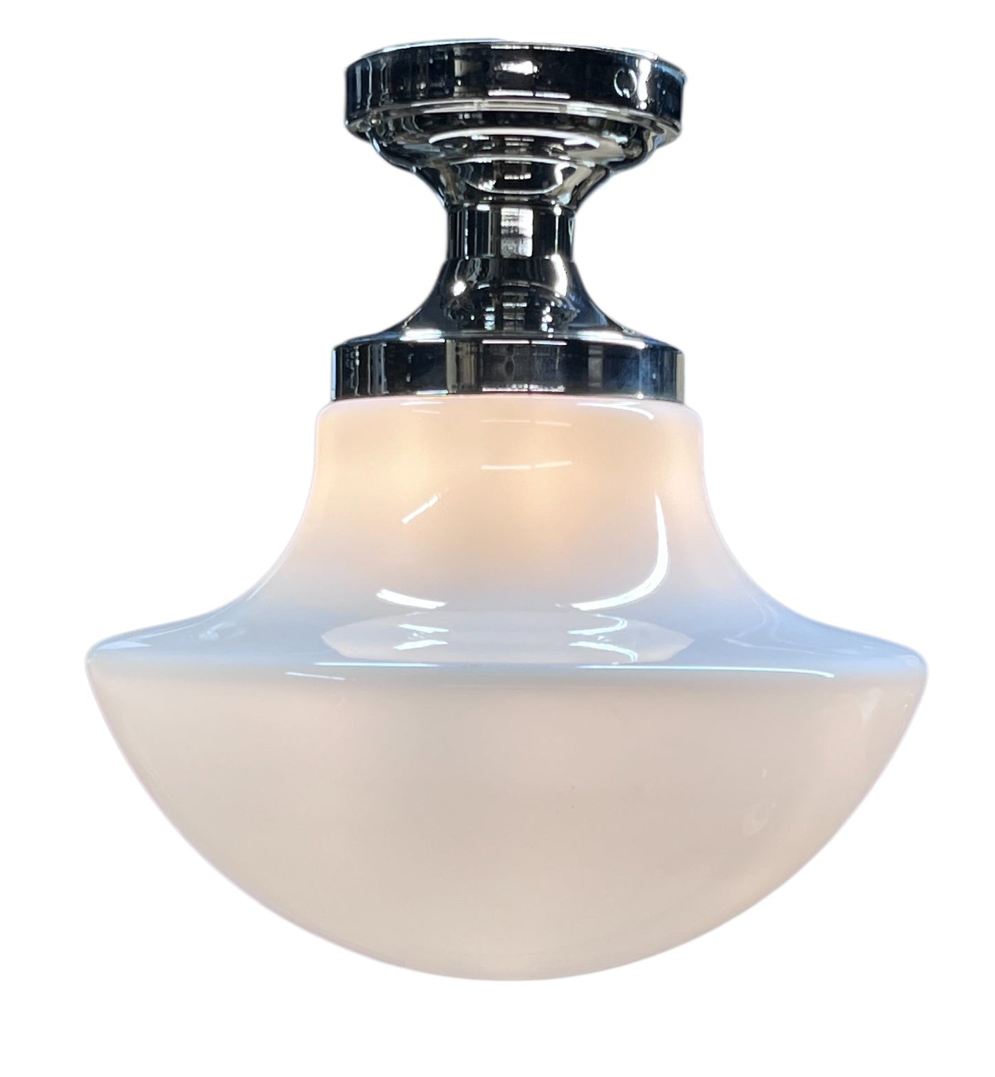 1920s Milk Glass Schoolhouse Globe on Polished Nickel Fixture #2589