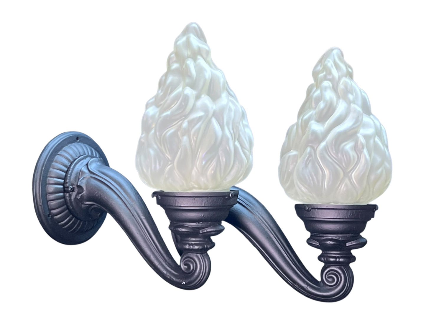 1910s Curved Arm Exterior Sconces with Antique Flame Shades #2552