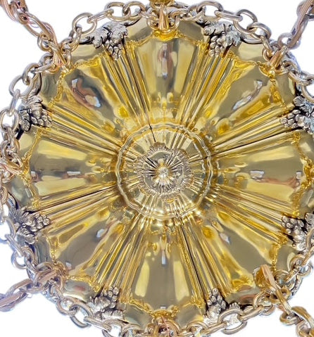 Amazing Polished Brass Sheffield Pan Light with Grapevines and 8 Steuben Calcite Art Glass Shades #2564