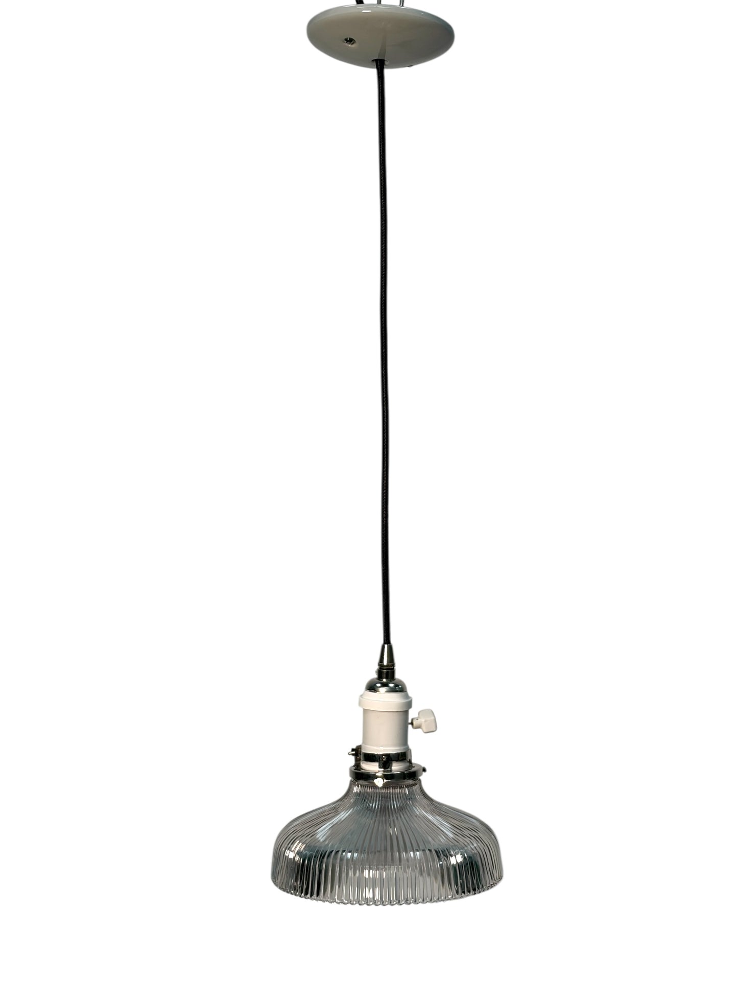 Holophane Shade circa 1920 Suspended from a Wire with Brushed Brass Canopy #2621