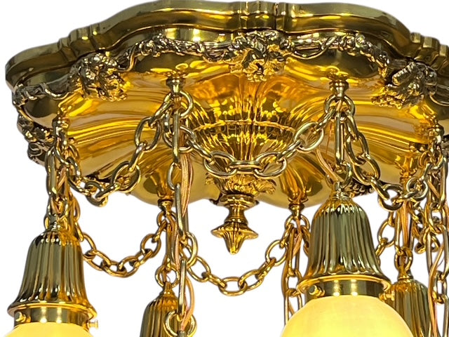 Amazing Polished Brass Sheffield Pan Light with Grapevines and 8 Steuben Calcite Art Glass Shades #2564