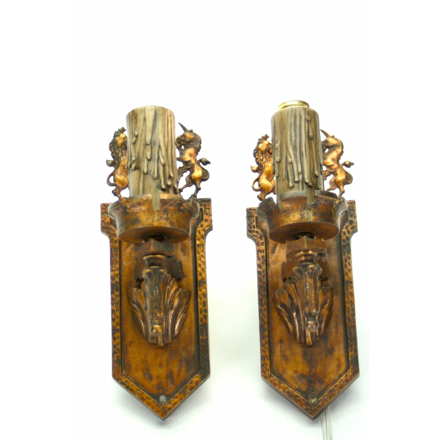 Pair of 1920s Tudor Sconces with Unicorns in Painted Bronze with Original Finish #2077