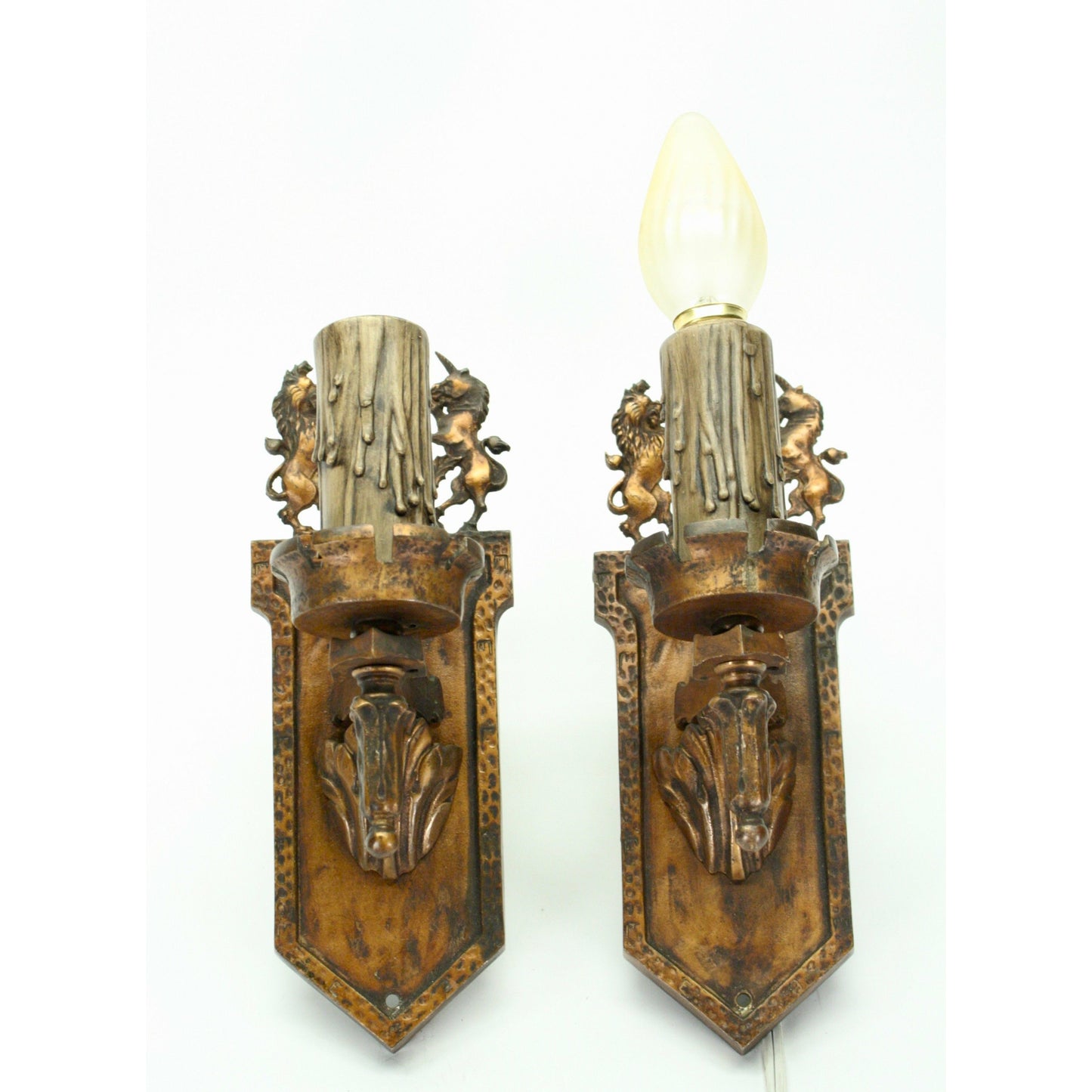 Pair of 1920s Tudor Sconces with Unicorns in Painted Bronze with Original Finish #2077