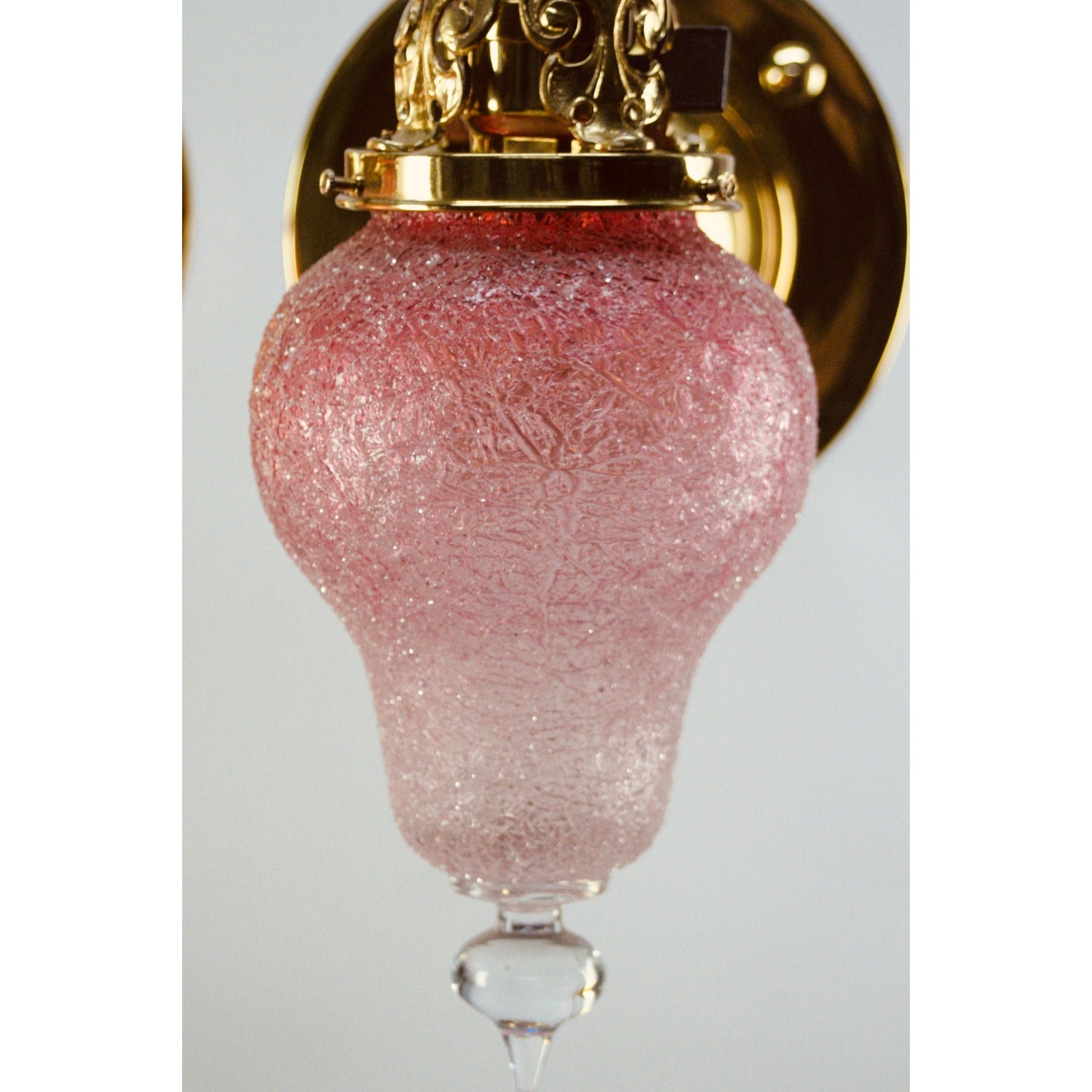 Polished brass antique wall sconces, restored, with Loetz Art Glass shades