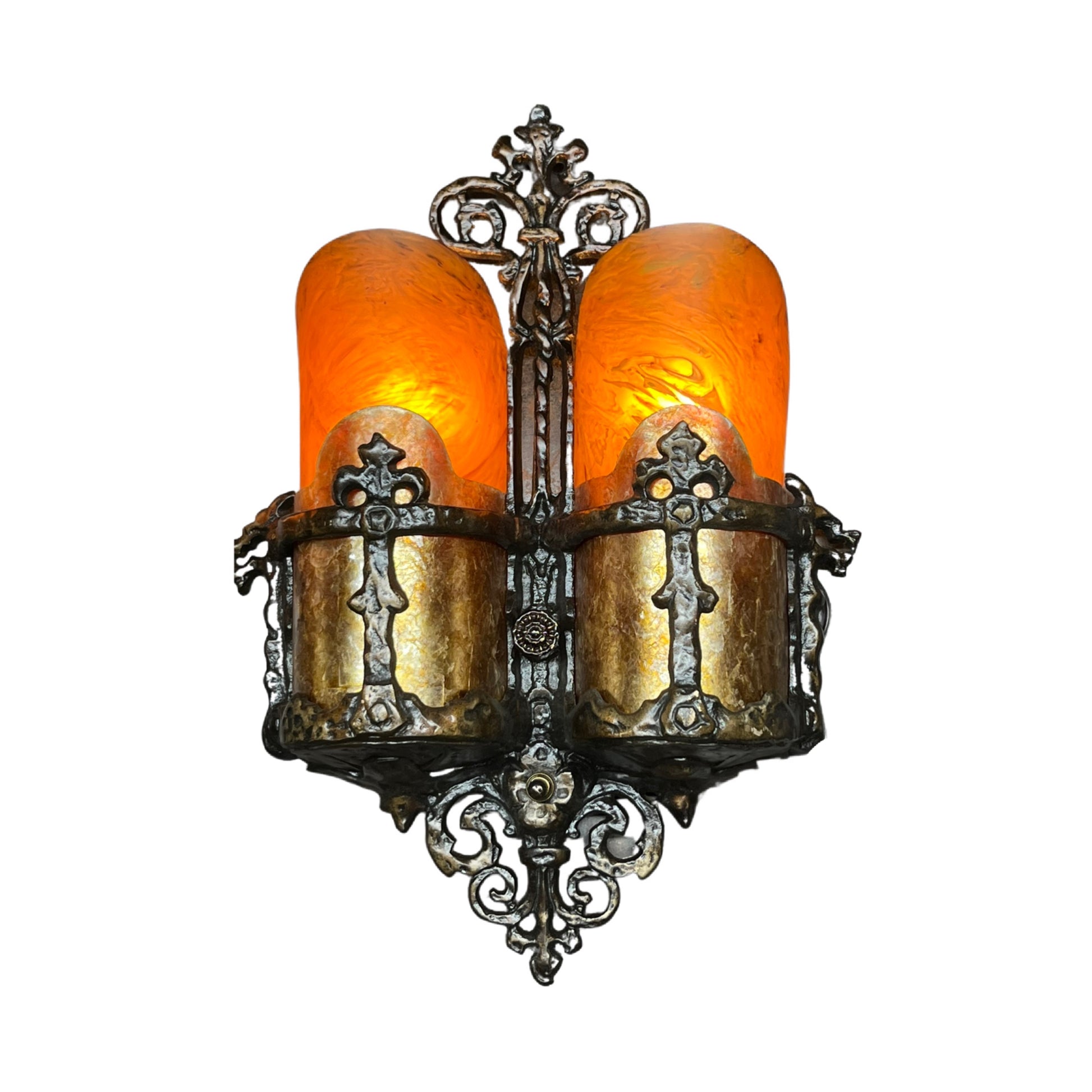 Pair Spanish Revival Sconces with Bakelite and Mica Shades