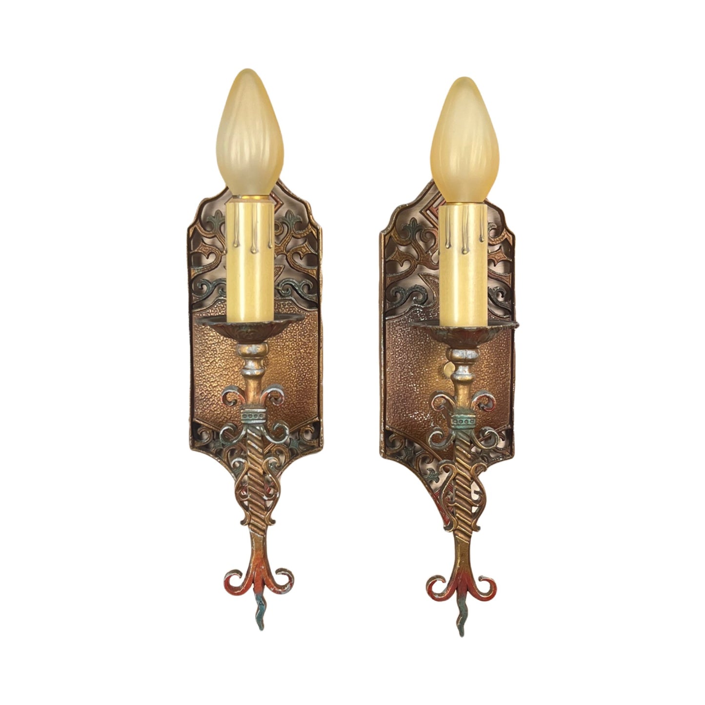 Pair Single Spanish Revival Sconces with Original Finish