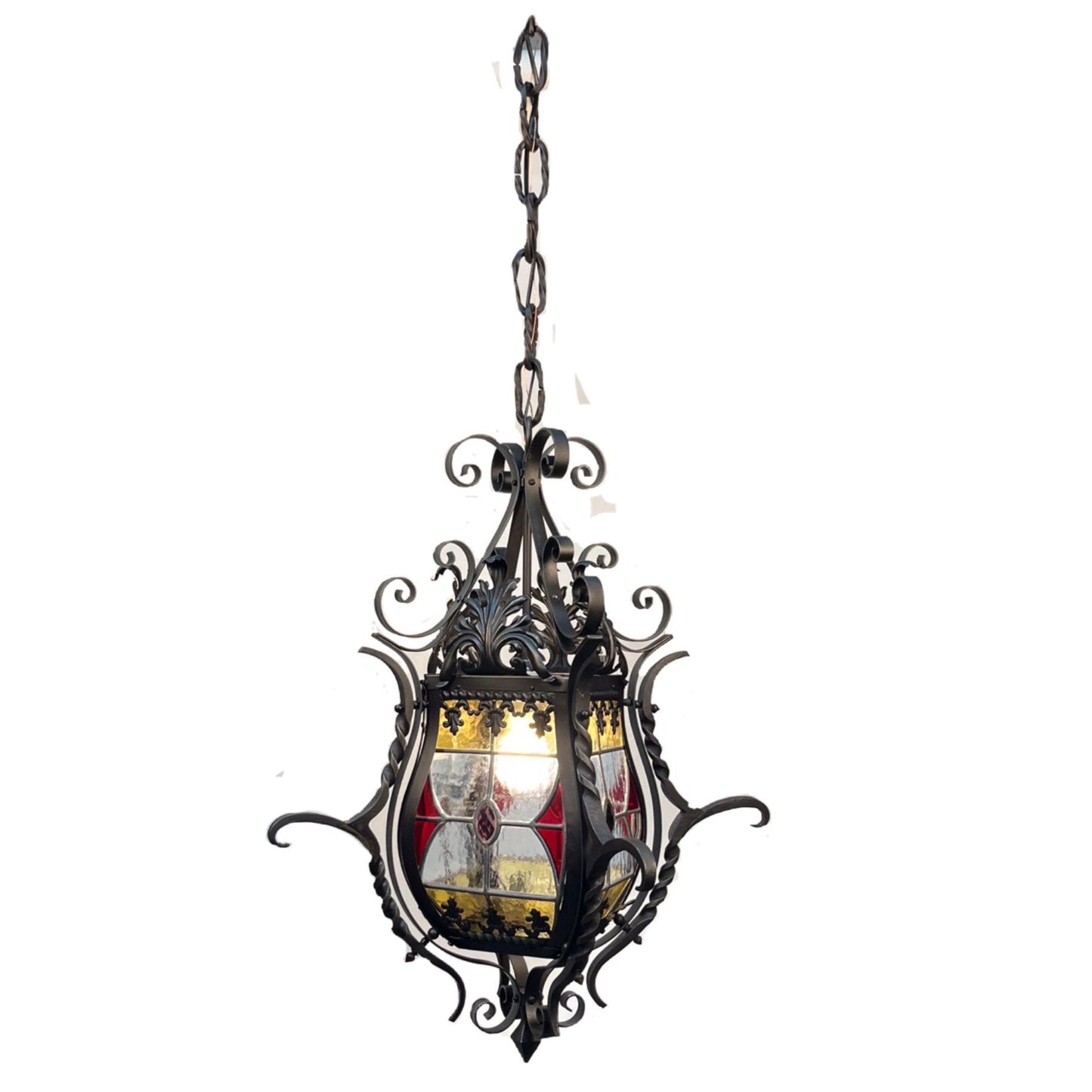 Spanish Revival Wrought Iron Exterior Stained Glass pendant