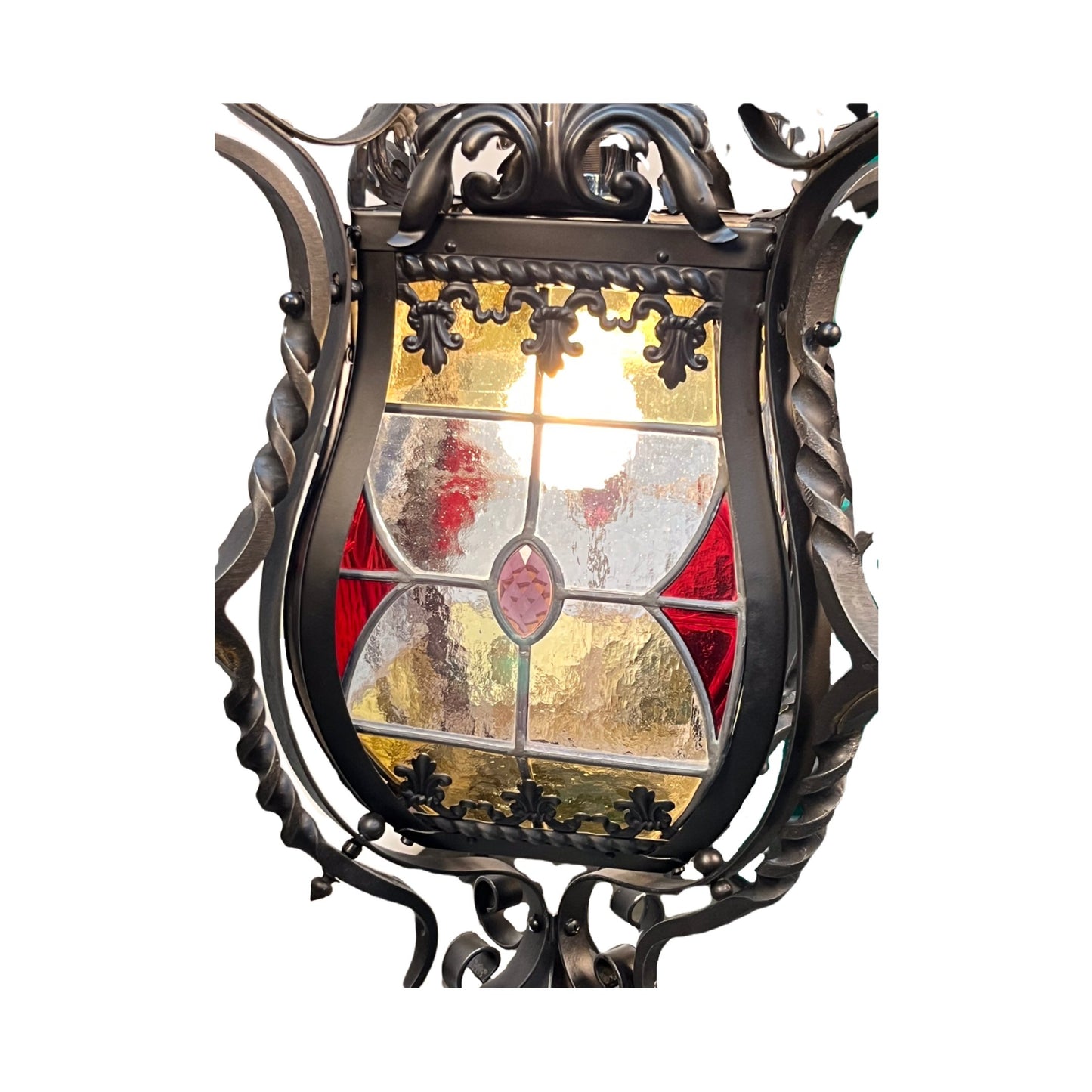 Spanish Revival Wrought Iron Exterior Stained Glass pendant