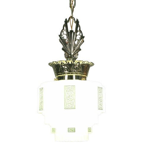 Green stencil shade on Art Deco Polished Brass Crown Pendant #2215