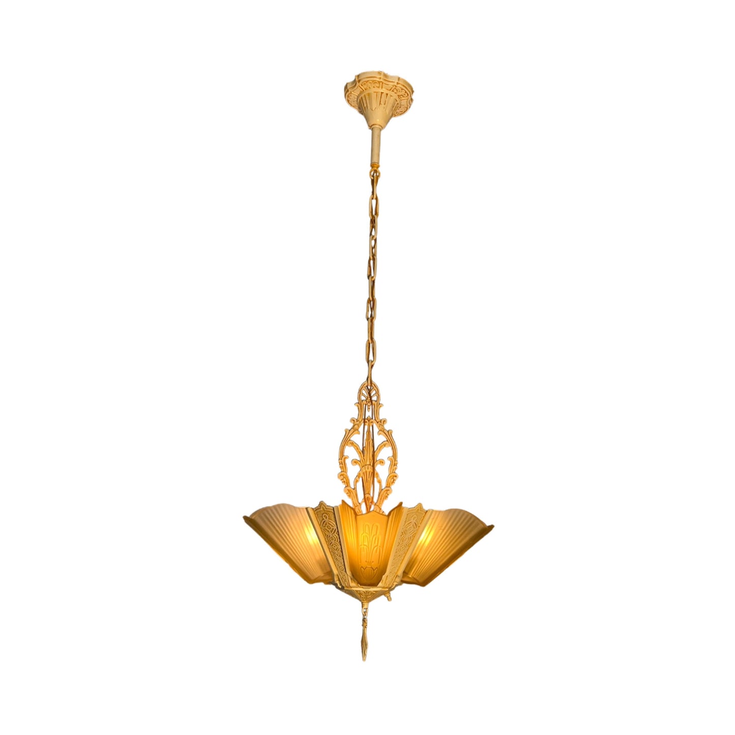 1930s Art Deco Chandelier with Amber Shades and Fountain Design #2329