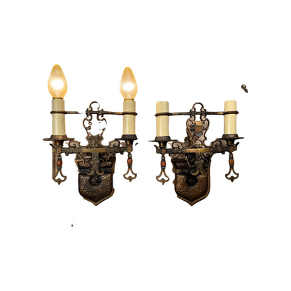 Single Cast Bronze Spanish Revival Two  Light Wall Sconces with Original Finish #2362