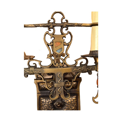 Single Cast Bronze Spanish Revival Two  Light Wall Sconces with Original Finish #2362