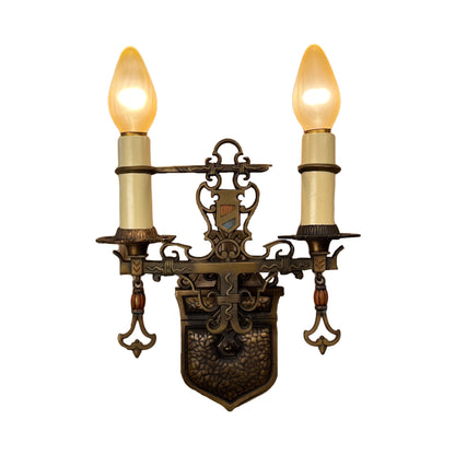 Single Cast Bronze Spanish Revival Two  Light Wall Sconces with Original Finish #2362