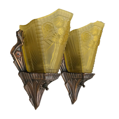 Pair JC Virden Wall Sconces with Amber Shades #2336