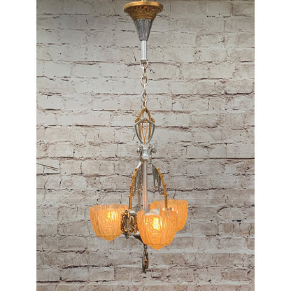 Polished Aluminum Art Deco 3 Light Chandelier By Lincoln, Amber Glass Shades #1924