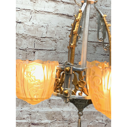 Polished Aluminum Art Deco 3 Light Chandelier By Lincoln, Amber Glass Shades #1924