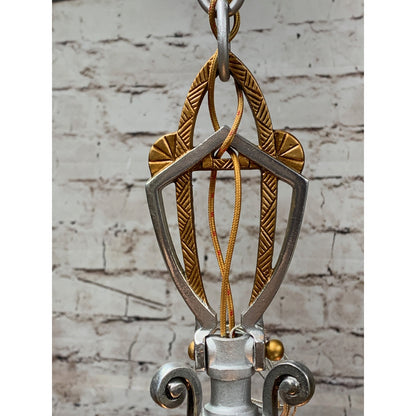 Polished Aluminum Art Deco 3 Light Chandelier By Lincoln, Amber Glass Shades #1924