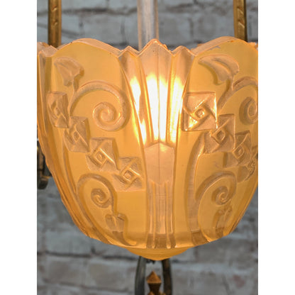 Polished Aluminum Art Deco 3 Light Chandelier By Lincoln, Amber Glass Shades #1924