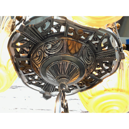 Polished Aluminum Art Deco 3 Light Chandelier By Lincoln, Amber Glass Shades #1924